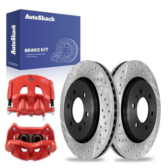 AutoShack Front Vented Drilled & Slotted E-Coated Brake Rotors   Calipers Red 4-PC Brake Kit Replacement for 2012-2020 Ford F-150 2012-2013 Ford Lobo ShadowGuard 13.78" (349.9 mm)