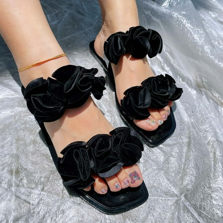 

Zpanxa Womens Sandals Fashion Square Head Sandals Flowers Flat Slippers Ladies Wear Shoes Outside Wedge Sandals for Women Black 42