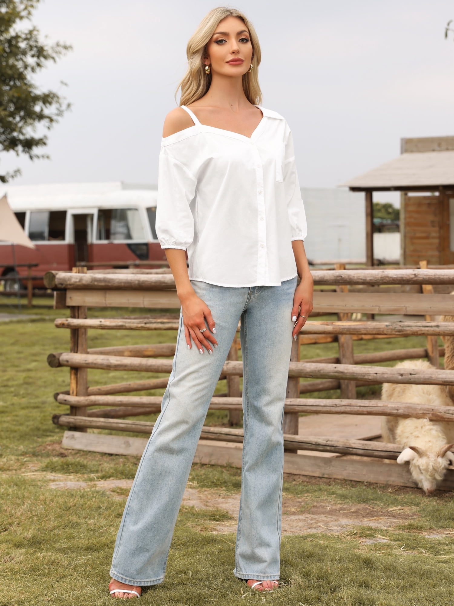 DARING DIVA Women's Asymmetrical 3/4 Sleeve Off Shoulder Front Button Up Shirt XL White