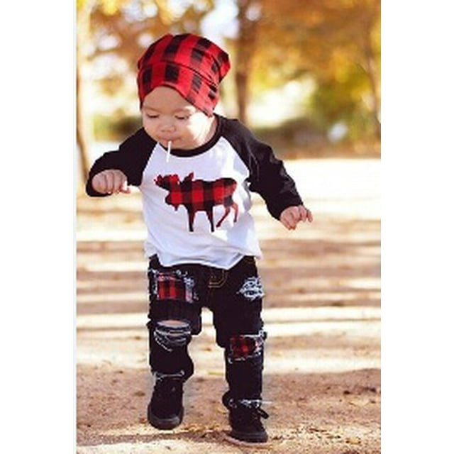 Toddler Baby Boy Girl Long Sleeve T-Shirt Tops +Ripped Denim Pant Outfits