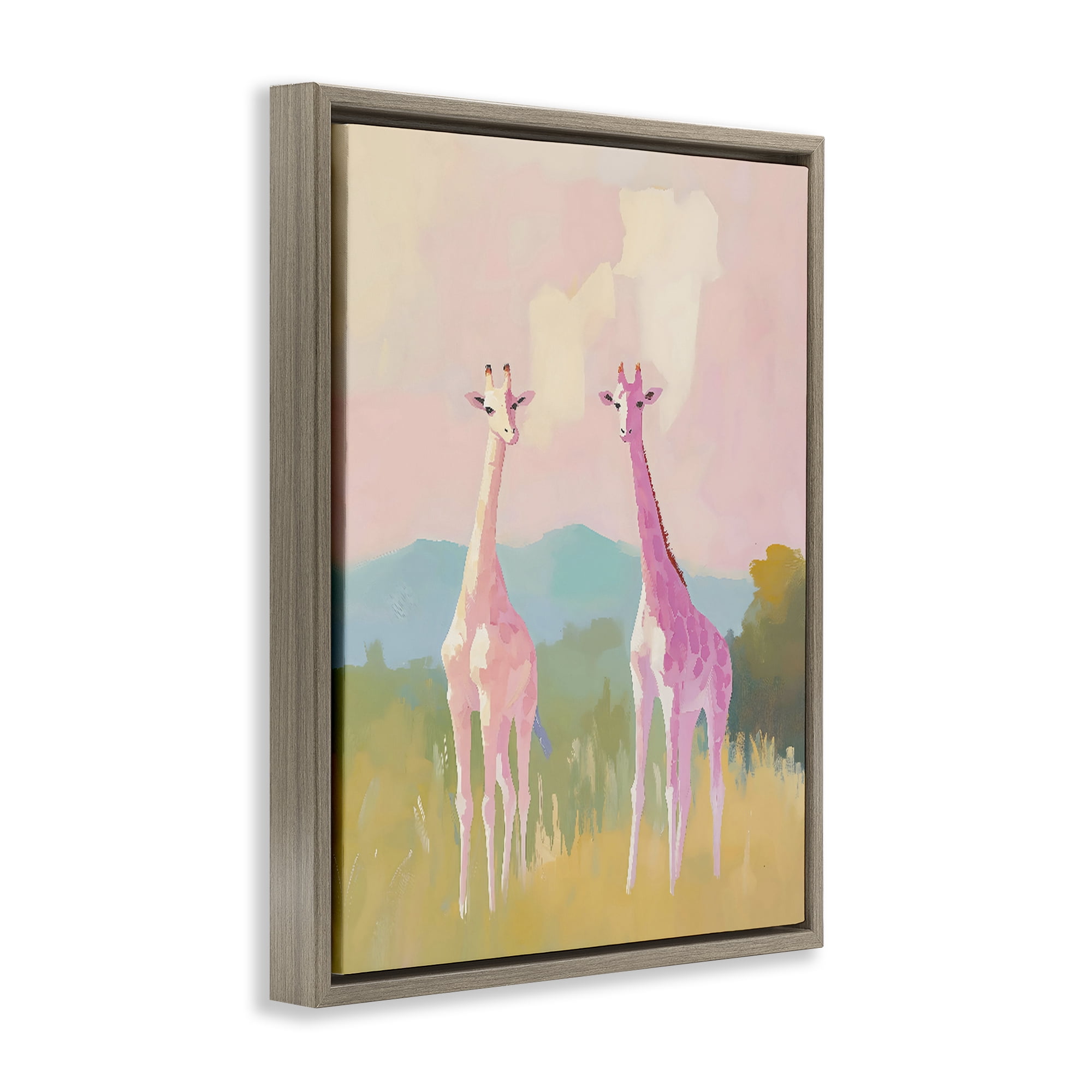 Stupell Industries Pink Giraffes on Savanna Brown Framed Floater Canvas Wall Art, design by The Prints Vibe