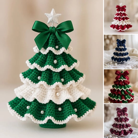 Dserhfy DIY Crochet Christmas Tree Kit Small Xmas Tree Craft Kit with Bow And Faux Pearl Handmade Holiday Decoration for Beginners