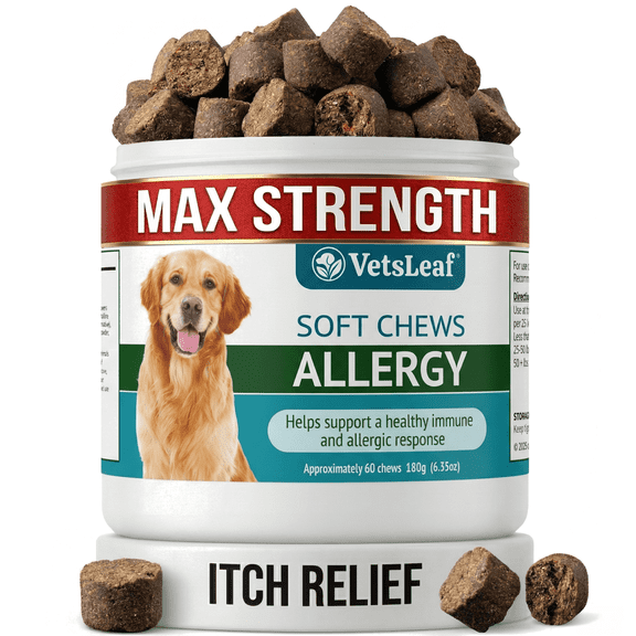 VetsLeaf Dog Allergy Chews for Itchy Skin, Hot Spots, Paw Licking Relief & Itchy Ears – Quercetin, Turmeric, Probiotics & Colostrum – Made in USA – 60 Count
