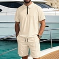 thumbnail image 2 of HBGVBA Men Print Short Sleeve 1 4 Zip Collared Top Drawstring Elastic Waist Casual Shorts Set, 2 of 5