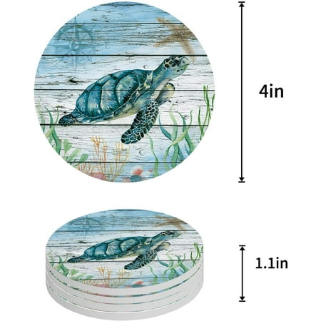 

FMSHPON Theme Sea Turtle Wood Grain Set of 6 Round Coaster for Drinks Absorbent Ceramic Stone Coasters Cup Mat with Cork Base for Home Kitchen Room Coffee Table Bar Decor