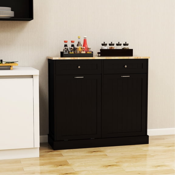 Black E1 MDF Trash Cabinet with Two Compartments and Hidden Door Ideal for Kitchen and Recycling Needs