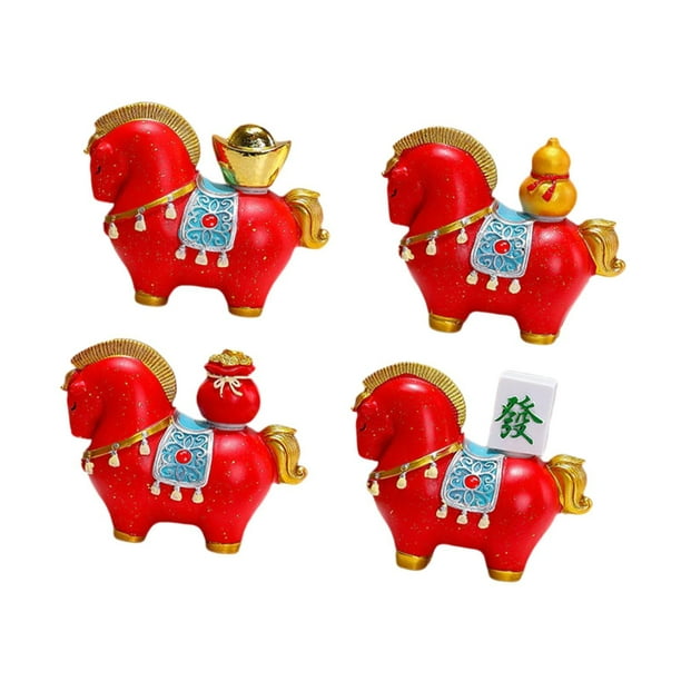 4 piezas de estatua de caballo, figura de Feng Shui chino, resina, artesanía fina, obra de arte Rojo