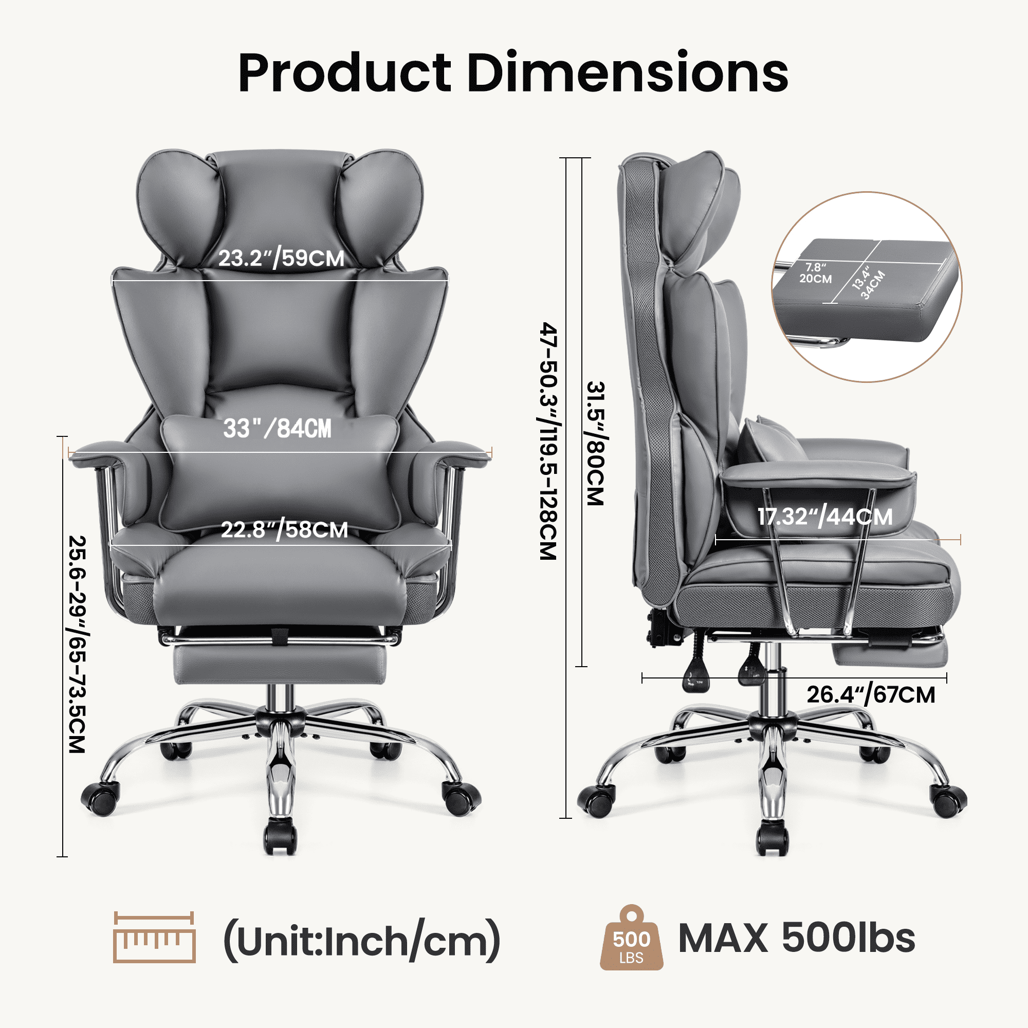 Primy High Back Office Chair, Big and Tall PU Leather Executive Chair with Footrest – Ergonomic Reclining Computer Desk Chair, High-Density Foam, Heavy Duty Swivel Rolling Chair, Gray