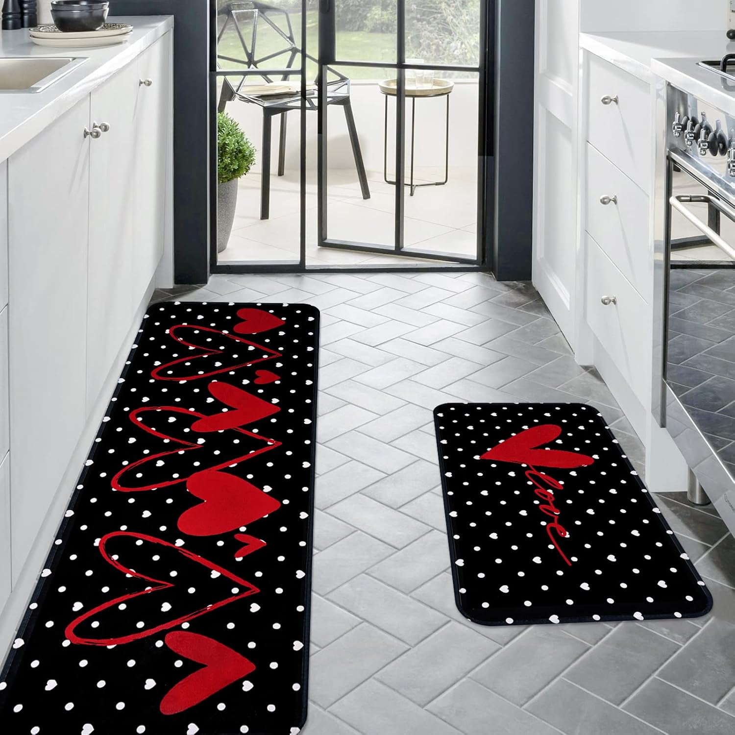 2 Pcs Valentines'' Day Kitchen Rugs, Black Kitchen Area Rug Set, Love Heart Doormat Set with Non Slip Backing, Absorbent Anti Fatigue Kitchen Mats for Laundry Room Floor Bedroom Home Decor