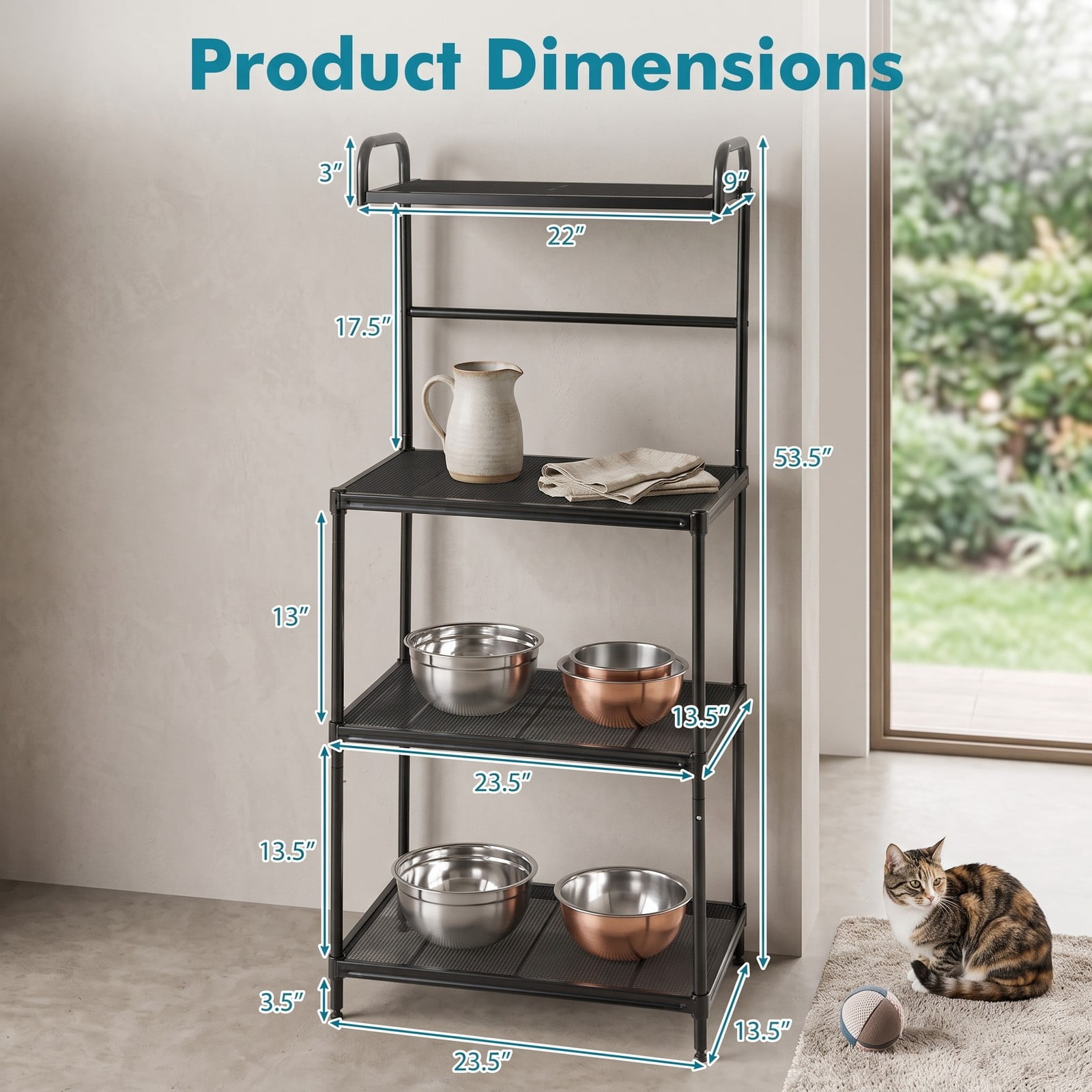 RUIE 4-Tier Kitchen Microwave Storage Rack, Freestanding Baker's Rack Organizer with Metal Shelves, Heavy-Duty Iron Utility Stand for Pantry Living Room, Black