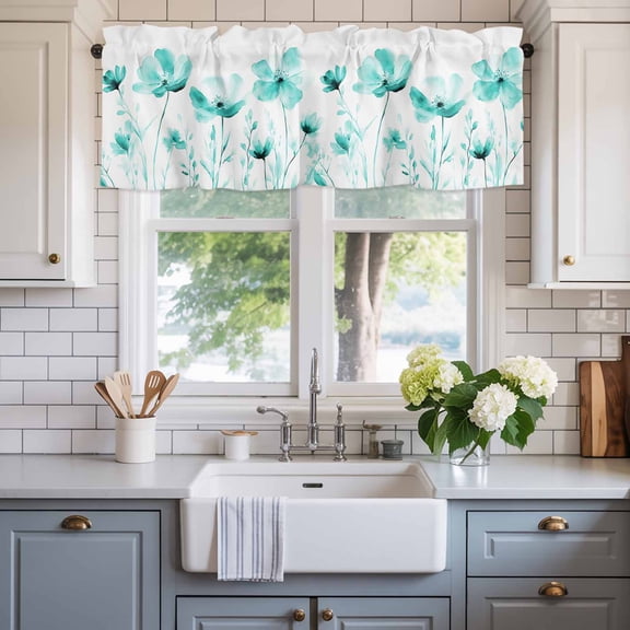 Valance for Windows,Teal Gradient Flower Botanical Valances Curtain Rod Pocket Valance for Kitchen Bedroom Living Room Bathroom,Watercolor Oil Painting Art Short Curtains Window Treatment 54x18in