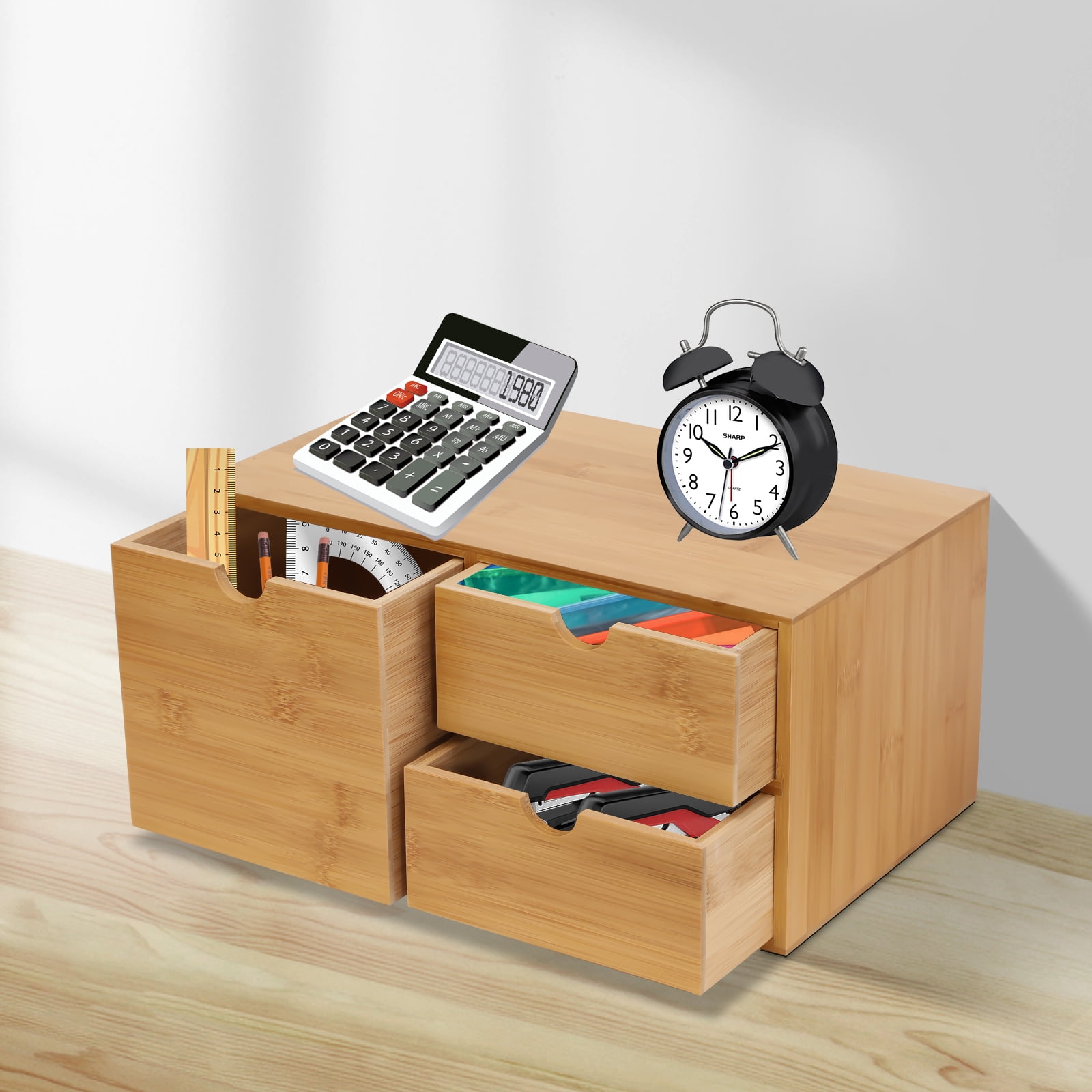 3 Drawers 33*19*16cm Bamboo Desk Organizer Wood Color Mini Bamboo Desk Drawer Tabletop Storage Organization Box