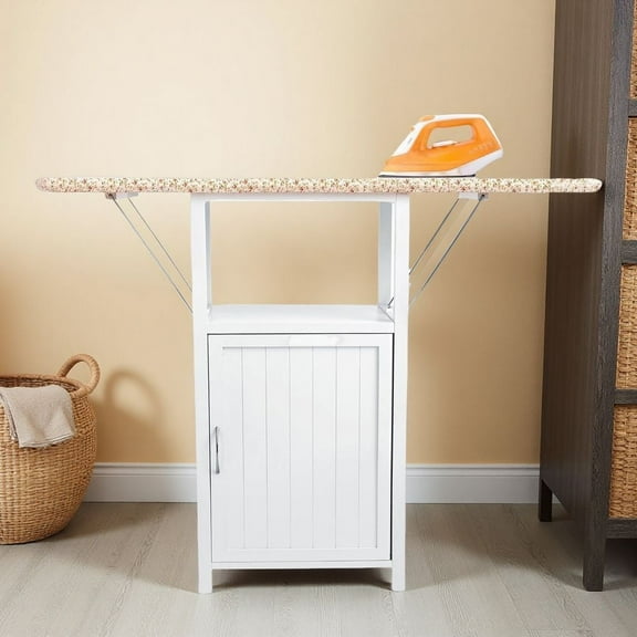 MINESTIA Ironing Board, Foldable Solid Wood Ironing Station Cabinet for Small Spaces, Sewing, and Crafting, White, 48.43" x 15.16" x 36.61"