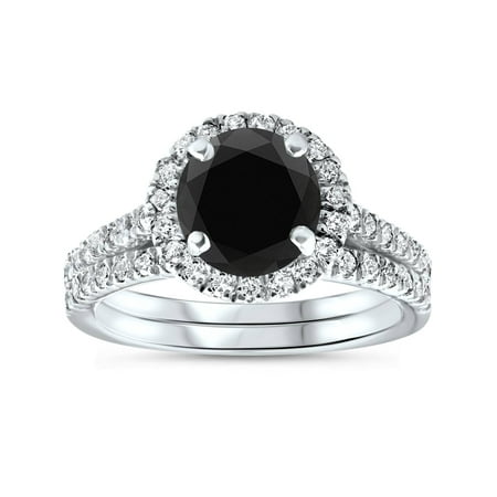 Black Diamond Gold Wedding Rings - 2 1/2 cttw Black Diamond Halo Engagement Wedding Ring Set White Gold Treated