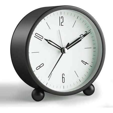 QKURT Analog Alarm Clock, 4inch Super Silent Non Ticking Small Clock with Night Light, Battery Operated, Simple Design for Bedroom Bedside Desk Adult Kid, Black