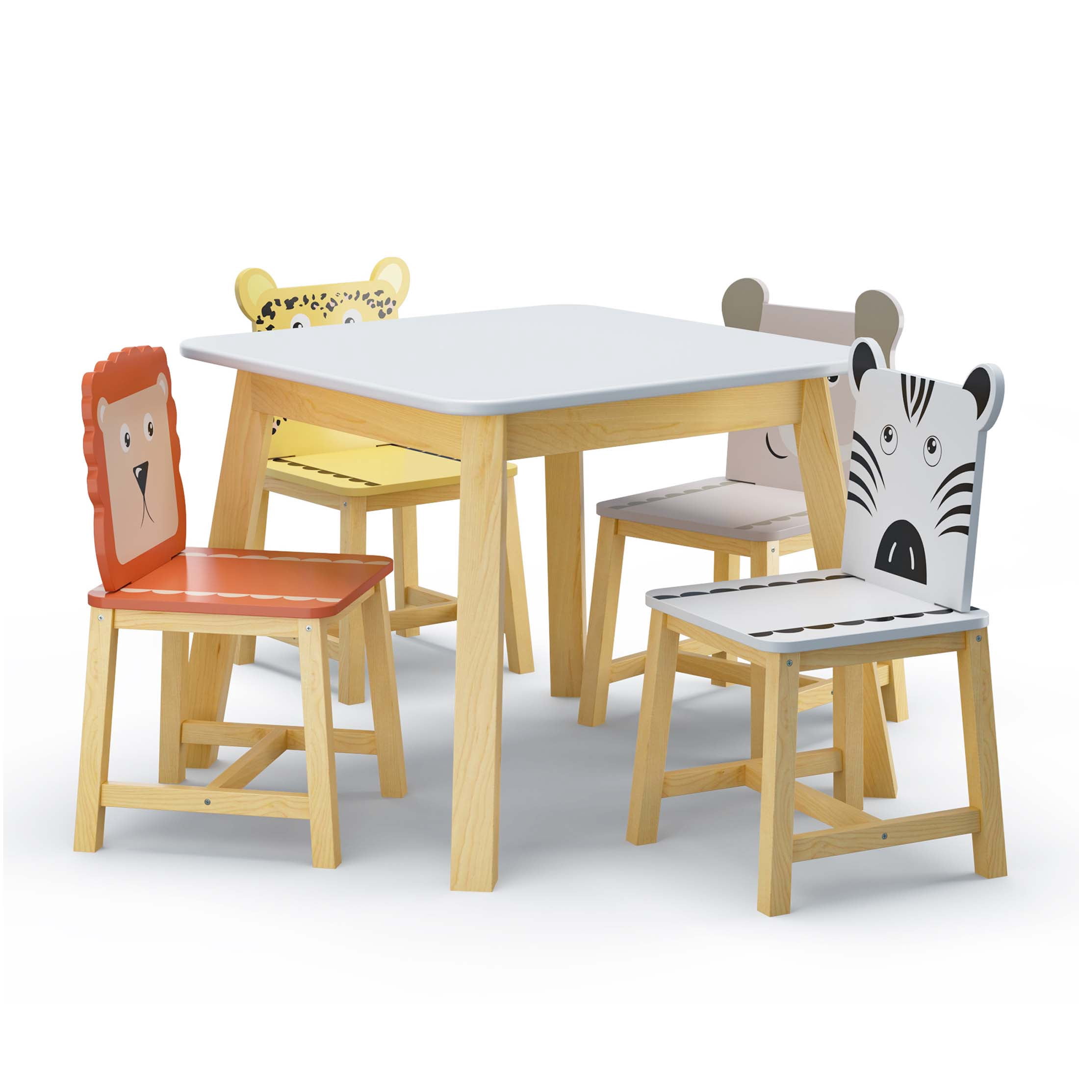 iRerts Kids Table and Chair Set, 5 Pieces Cartoon Animals Wood Kids Activity Table with 4 Chairs, Kids Play Table Set for 3-8 Year Old, Childrens Table and Chairs for Reading, Drawing, Jigsaw Puzzles