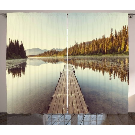 Pier 1 Bedroom - Fall Curtains 2 Panels Set, Wooden Pier on the Lake Serene Morning in the Woods Fishing Misty Recreational Image, Window Drapes for Living Room Bedroom, 108W X 108L Inches, Multicolor, by Ambesonne