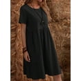thumbnail image 4 of Womens Summer Cotton Linen T Shirt Dress Casual Loose Fit Crewneck Short Sleeve Midi Dresses with Pockets Black S, 4 of 5