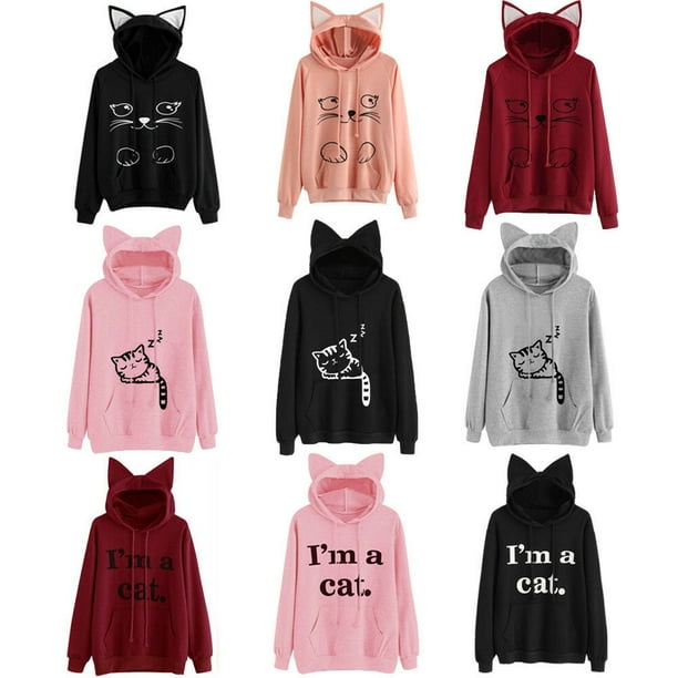 Nituyy Women Long Sleeve Cute Cat Pattern Print Cat Ear Hoodie