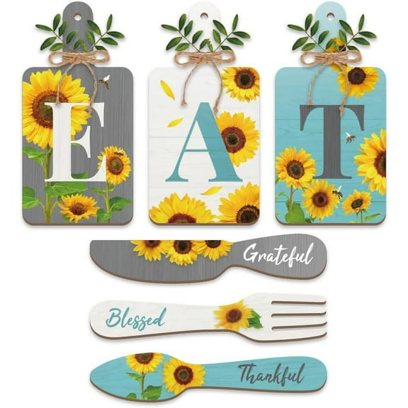 6 Pcs Sunflower Kitchen Decor Eat Sign Grateful Thankful Blessed Fork and Spoon Wall Decor Wooden Cutting Board Eat Sign Set with Hemp Rope for Kitchen Dining Room Wall Decor Blue