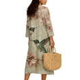 thumbnail image 2 of COEQINE Wrap Dress for Women 3/4 Sleeve Midi Length Church Dress Loose Fit Tunic Style, Linen-Like Polyester, V-Neck Design Loungewear, Size 4XL, Vintage Hummingbird Floral, 2 of 6