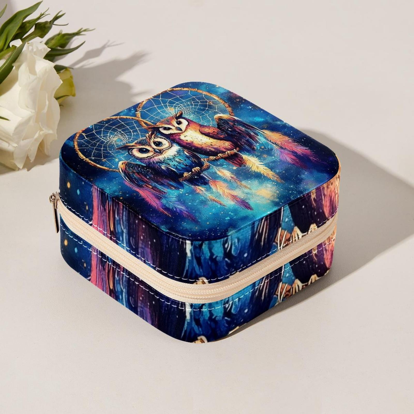 PhooArto Small Jewellery Box, Owls and Dreamcatcher Galaxy Portable Travel Mini Jewelry Case for Women Leather Ring Organizer