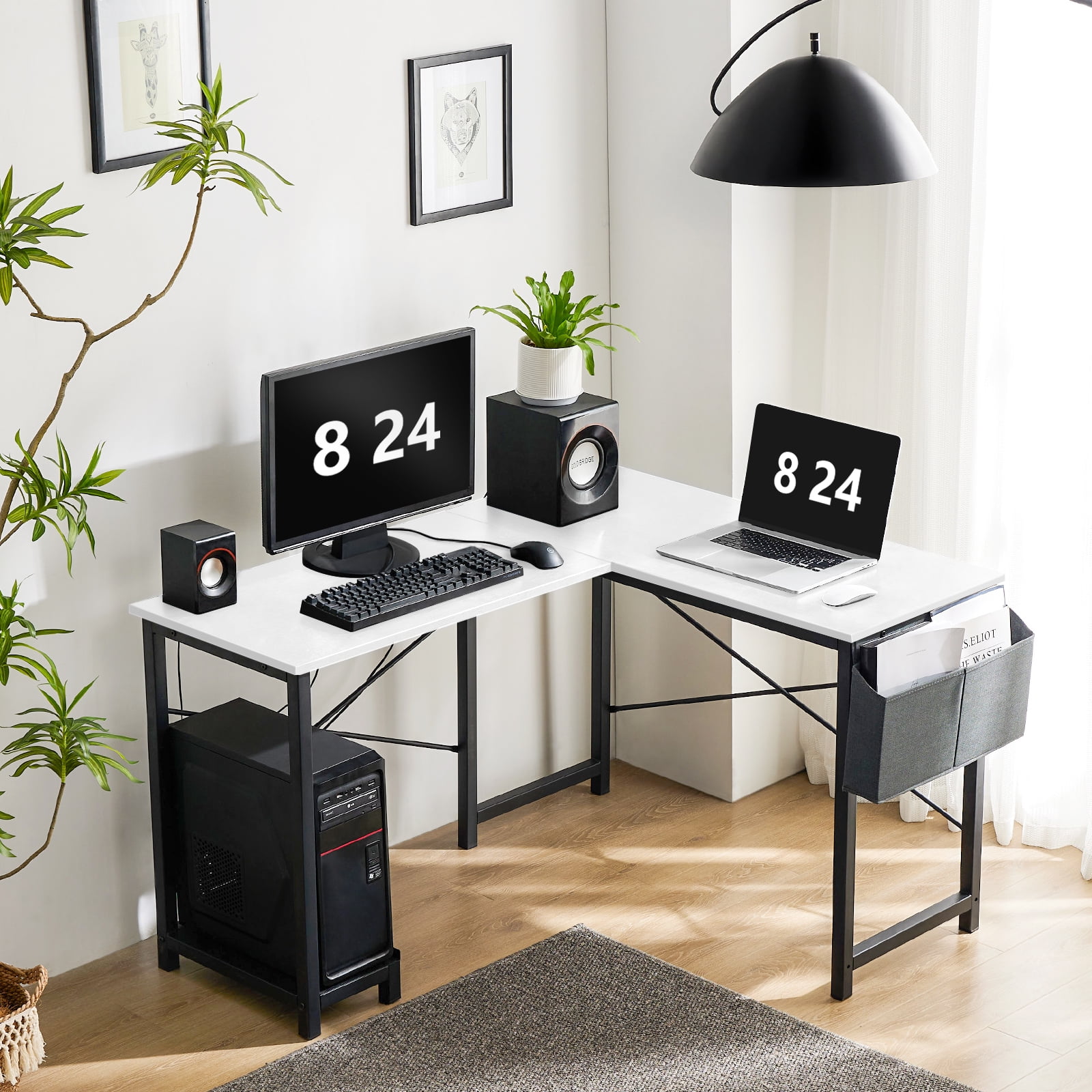edx Modern L Shaped Office Desk with Wood Surface, Storage Bag and CPU Holder, White