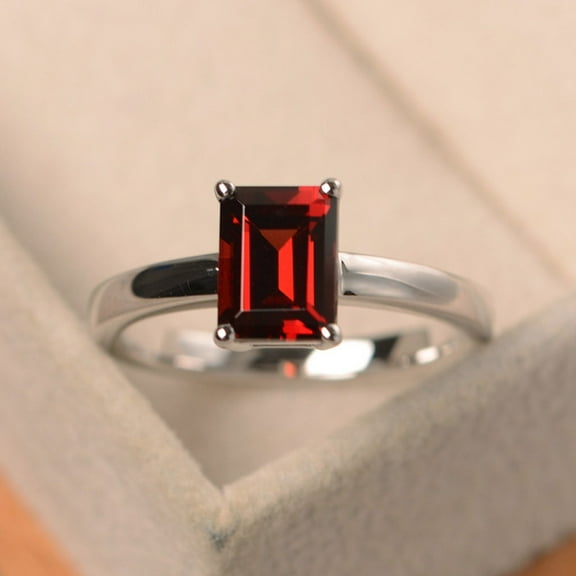 Red garnet ring, January birthstone, sterling silver, emerald cut, solitaire engagement ring for women