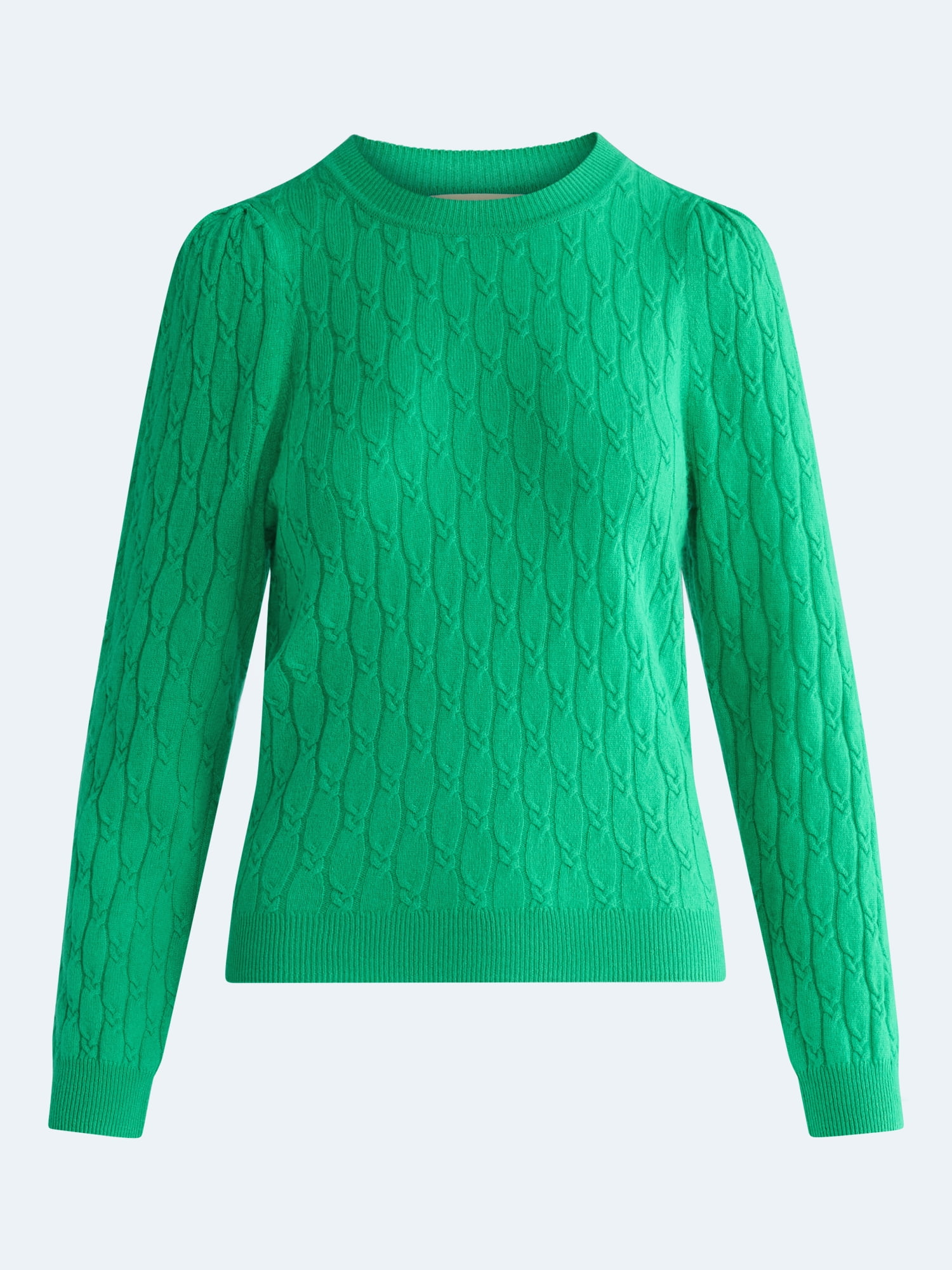 Free Assembly Women's and Women's Plus Cashmere Cable Knit Sweater with Puff Sleeves, Midweight, Sizes XS-4X