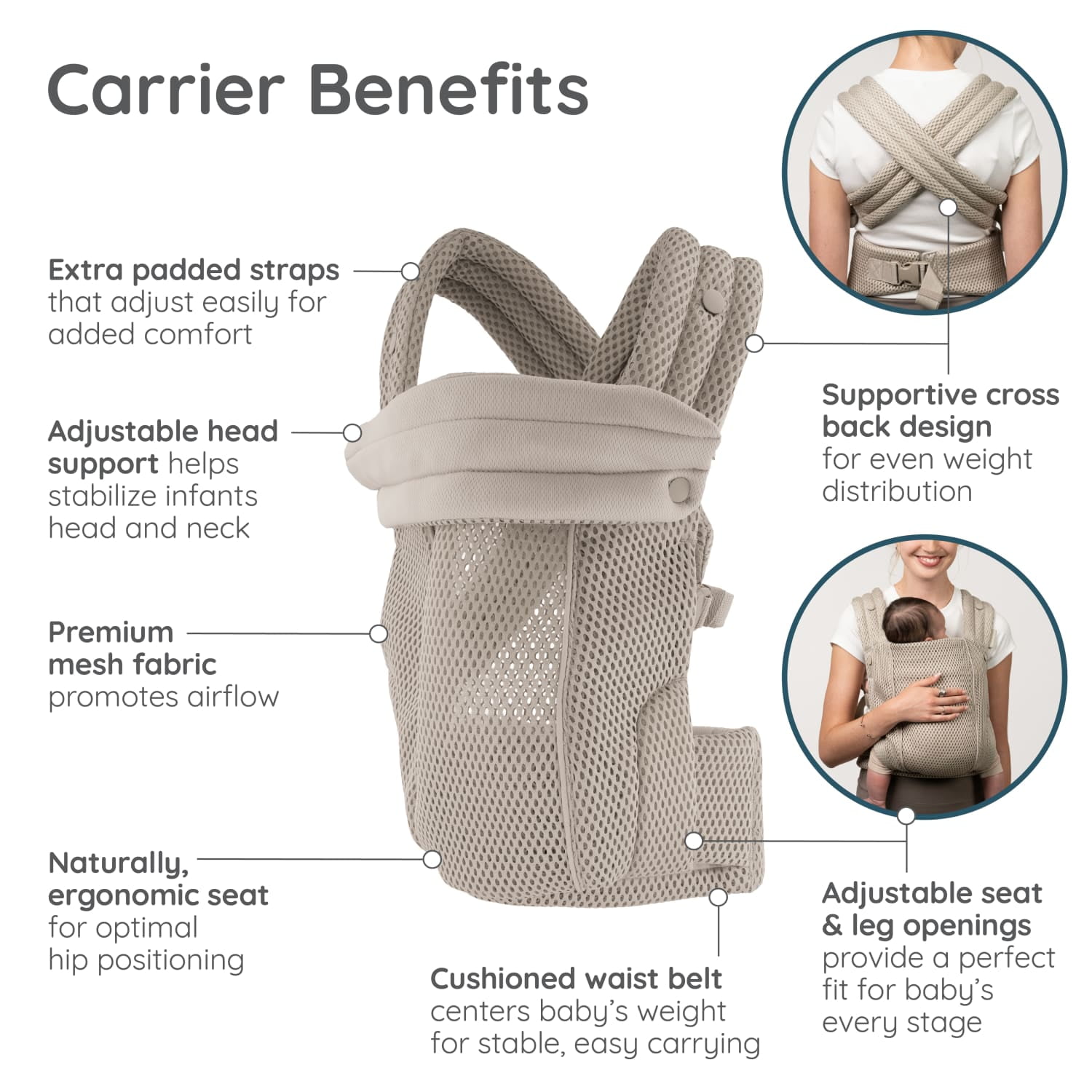 Infantino Honey Blossom Baby Carrier, Ergonomic Carrier, Adjustable Seat, Infant to Toddler 7–40 lbs, Unisex, Moon Beam