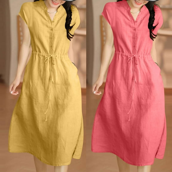 New Summer Arrivals SMihono Cotton Linen Maxi Dresses for Women 2025 Summer Casual Dress Beach Vacation Short Sleeve Stand Collar V Neck Basic Long Shirt Dress Watermelon Red XXL