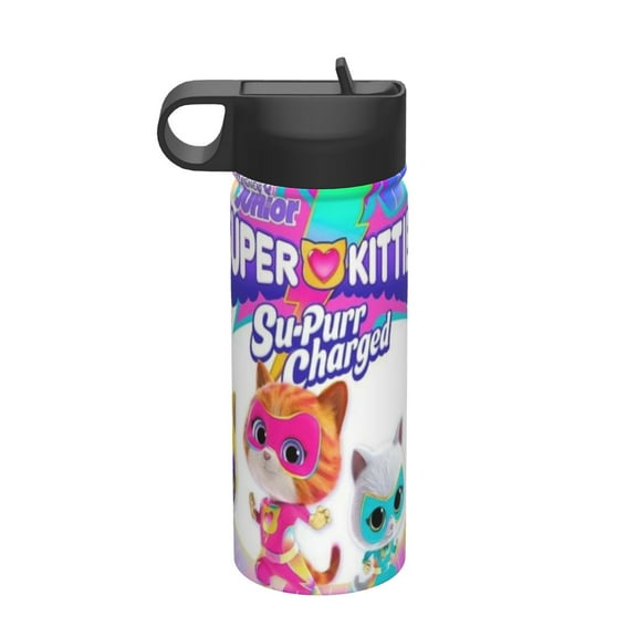 Super Kitties Kids Insulated Water Bottle With Straw - 18 Oz Stainless Steel Double Wall Vacuum Cup, Leakproof, Bpa Free, Suitable For Boys And Girls