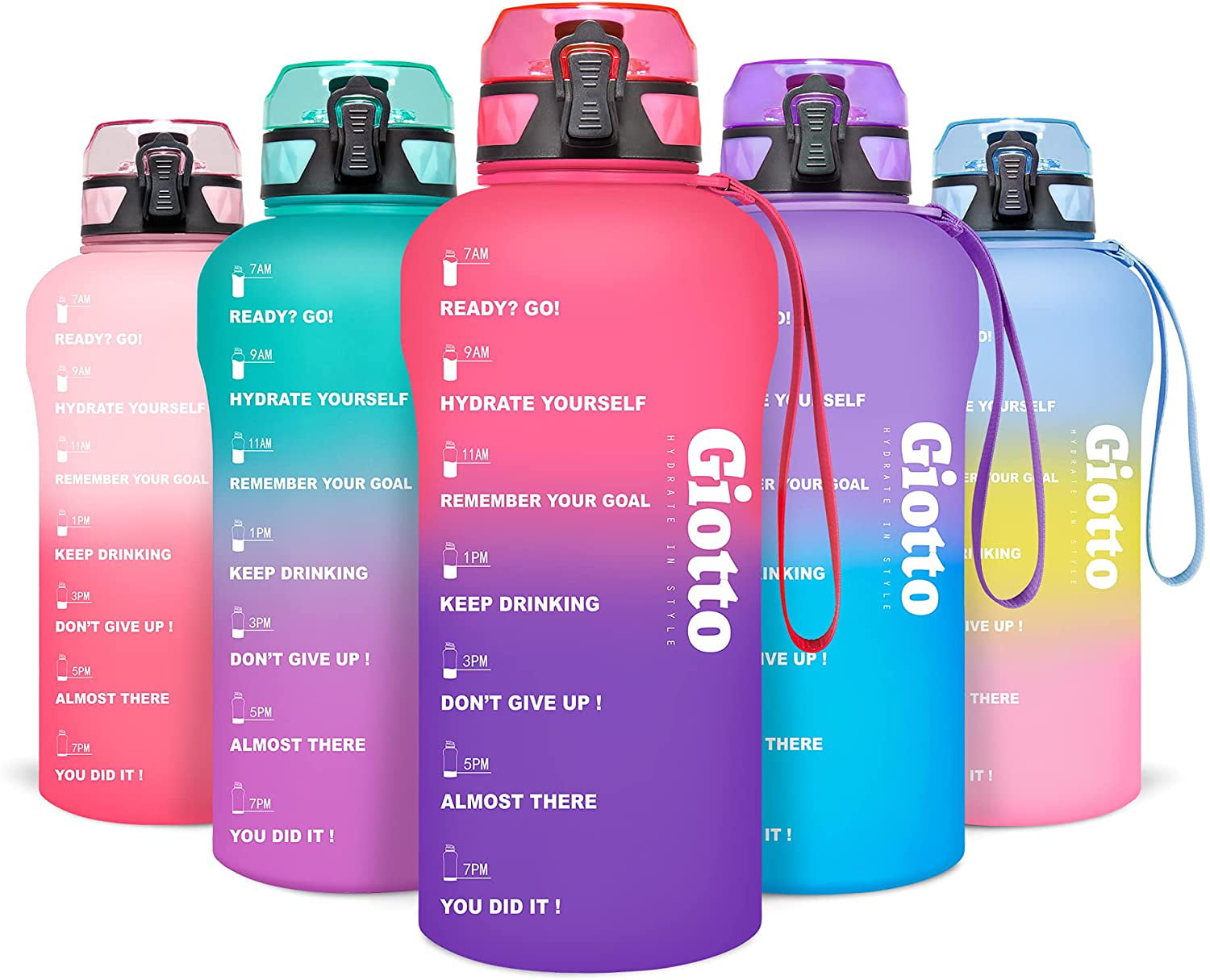 Giotto Large Half Gallon/64oz Motivational Water Bottle with Time Marker & Removable Strainer Leakproof BPA Free Water Jug to Remind You Drink More Water and Hydrate in Style 