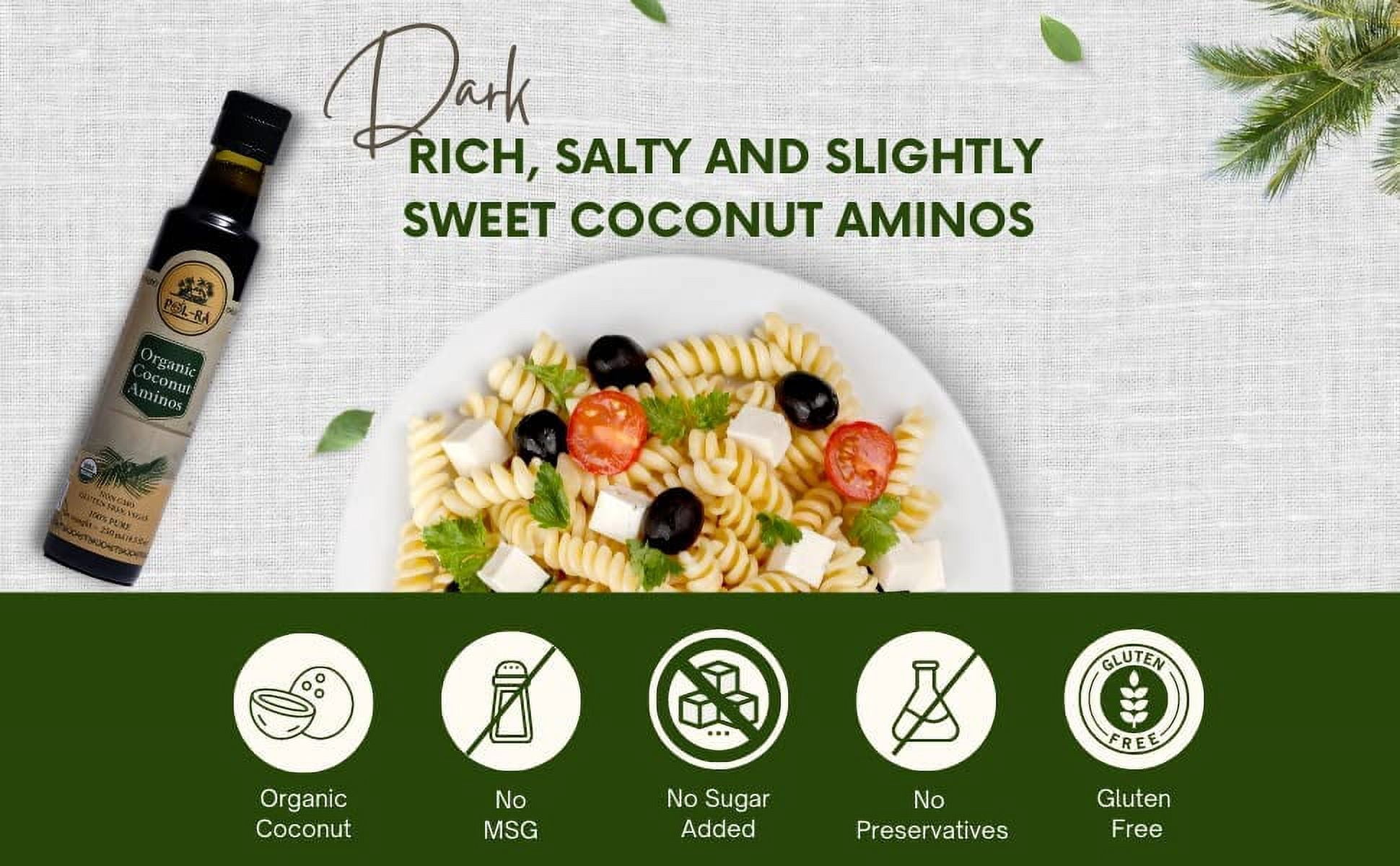P L-RA  Organic Coconut Aminos - Soy Sauce Alternative - Vegan, Paleo & Keto - Low Glycemic, Low Sodium - Marinade Substitute - Gluten Free - Soy Free - Kosher - 8.5 oz (50 Servings) - Pack of 4