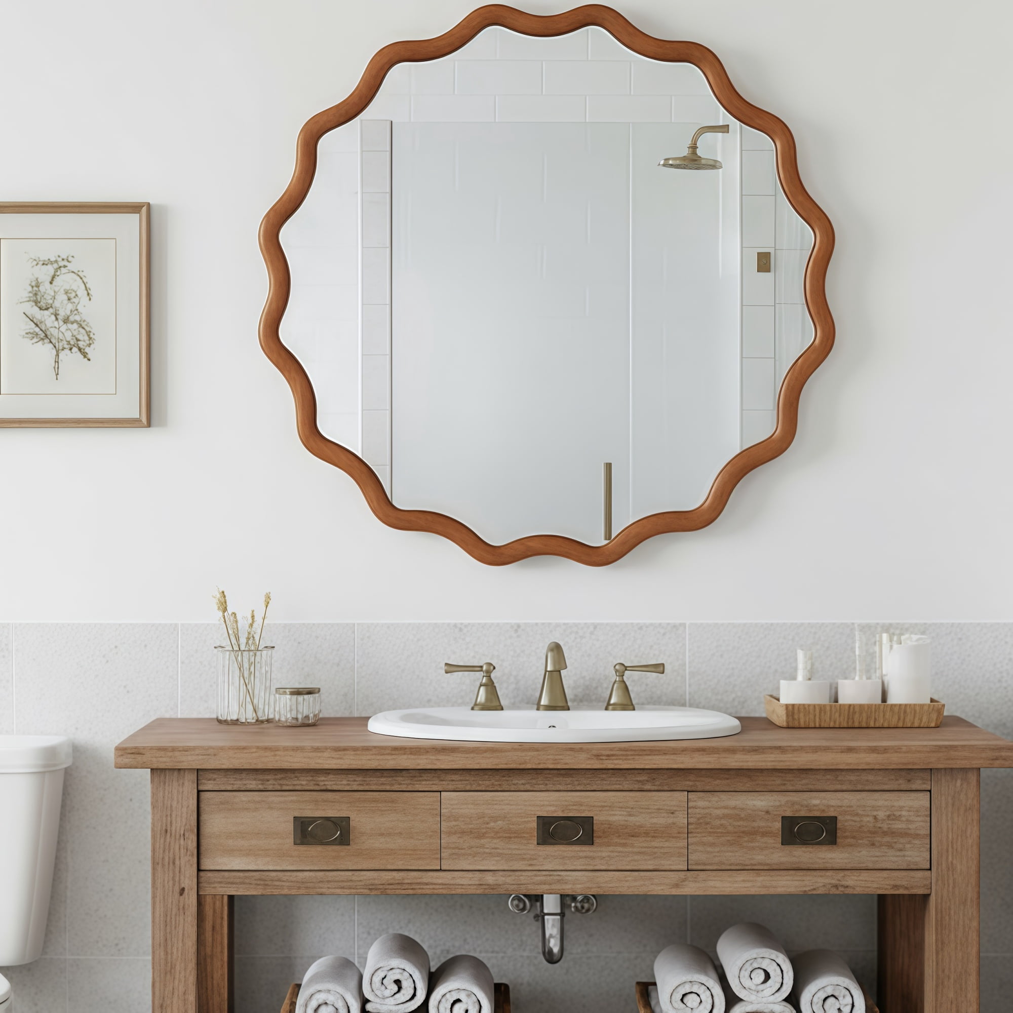Leumius 36" Wavy Round Mirror, Solid Wood Frame Decorative Mirror for Bedroom Bathroom Living Room Entryway Brown