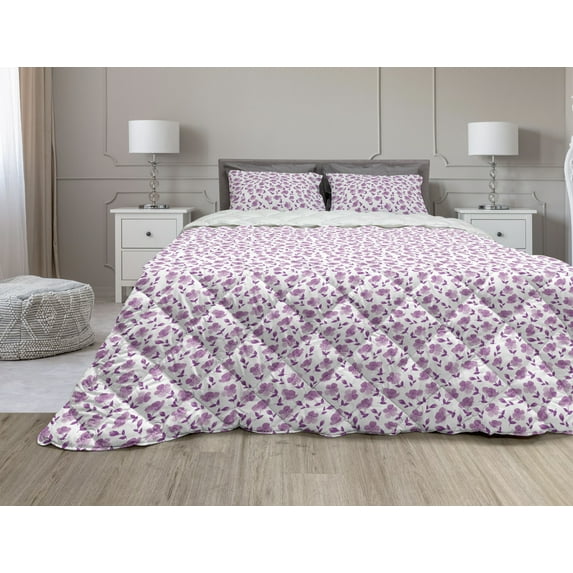 Flower Comforter & Sham Bedding Set, Floral Pattern Romantic Spring Valentines Day Wedding Anniversary Theme Art, 3 pcs Duvet Set Microfiber Filling Quilt, 5 Sizes, Violet White, by Ambesonne