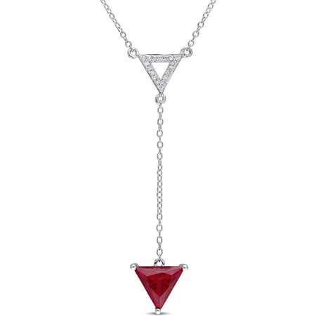 Diamond Triangle Necklace - Tangelo 4 Carat T.G.W. Created Ruby and 1/10 Carat T.W. Diamond Sterling Silver Triangle Necklace, 17