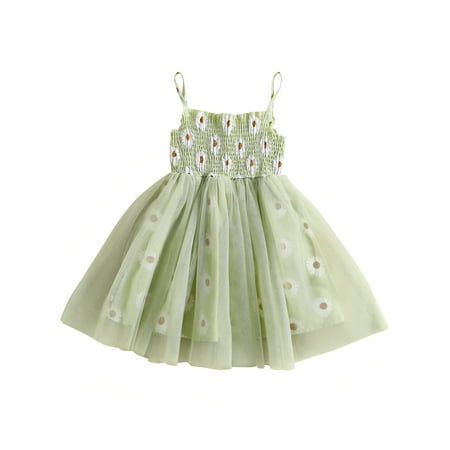 

ELF Toddler Girl Summer Dress Sleeveless Spaghetti Strap Daisy Print Smocked Tulle Dress Kid Outfit