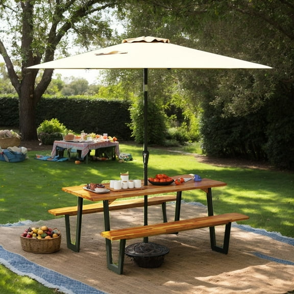 Yardi Yarda Outdoor Dining Table Set for 6 Person, Dining Table with 10 Feet Umbrella Base, Picnic Table for Outdoor as Yard, Brown