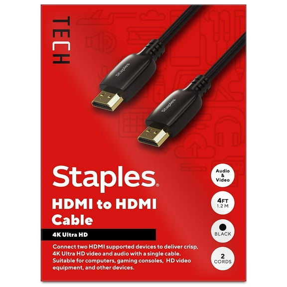 Staples TECH 4 ft. HDMI to HDMI Audio/Video Cable Male to Male Black 2/Pack (ST62478)