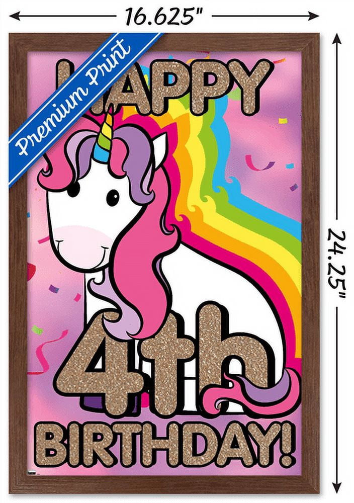 Ellie Ripberger Unicorn - Happy 4th Birthday Wall Poster, 14.725" x 22.375", Framed