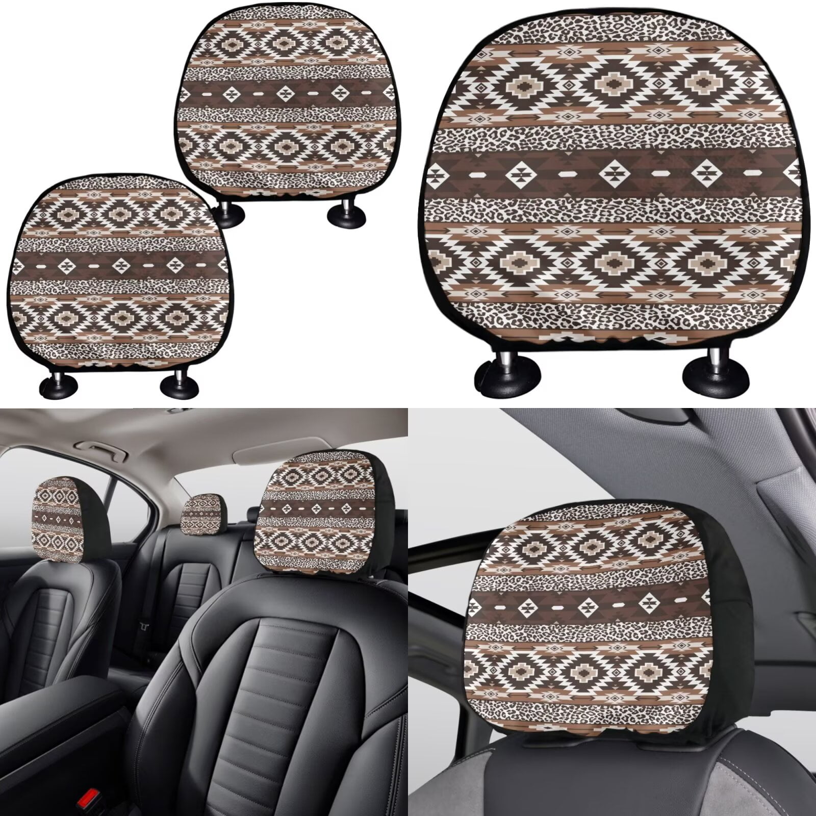 Garronmavis Aztec Style Car Accessories Set for Steering Wheel Wrap Gear Shift Cover Handbrake Sleeve Headrest Protectors Cup Coasters Super Breathable Car Seat Protector Fit for Sedan Van Truck