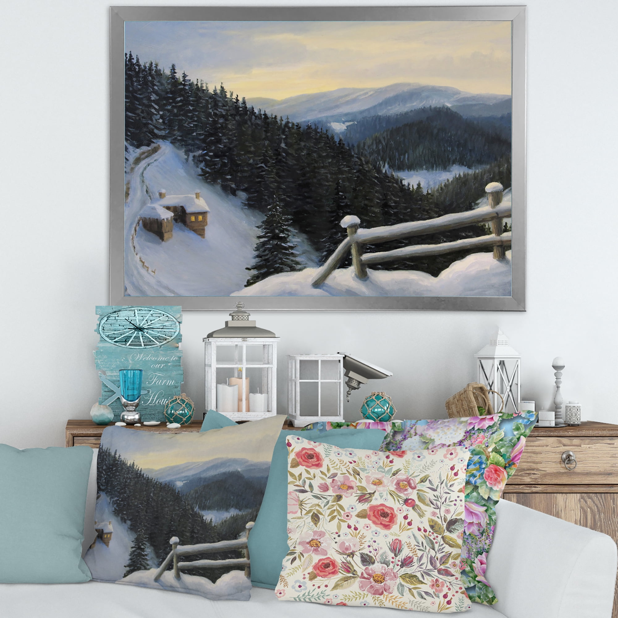 Designart 'View On Snowy Mountain Tops At Evening Glow' Traditional Framed Art Print