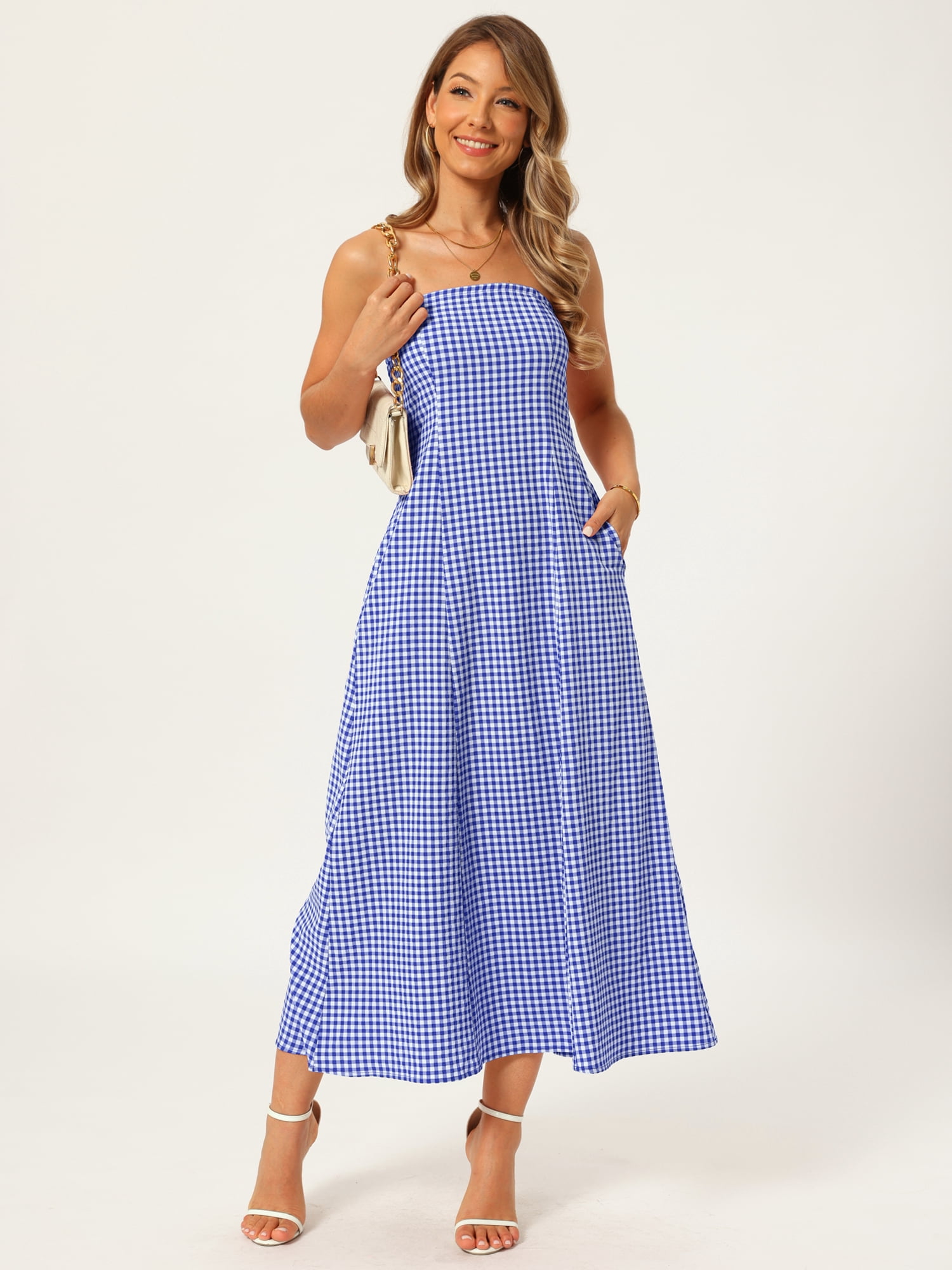 DARING DIVA Women's Gingham Strapless Maxi Summer Casual Sundress S Blue