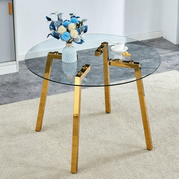 Sudica 42"Round Dining Table. Modern Minimalist Kitchen Table Glass with Metal Legs, for Kitchen, Dining Room, Golden