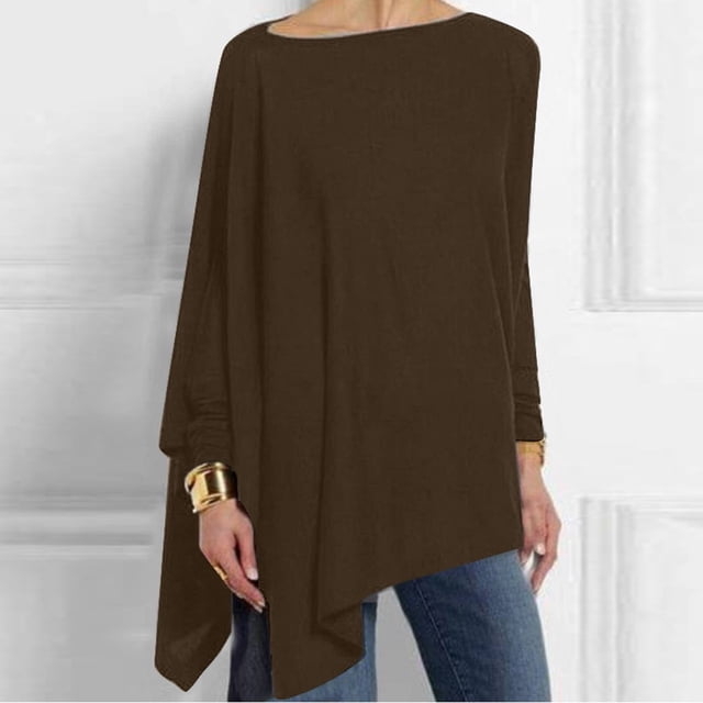 Mikilon Femmes Décontracté Grande Taille Col Rond Manches Longues Irrégulières Chandail en Molleton Ample Imprimé Pull Tops Blouse