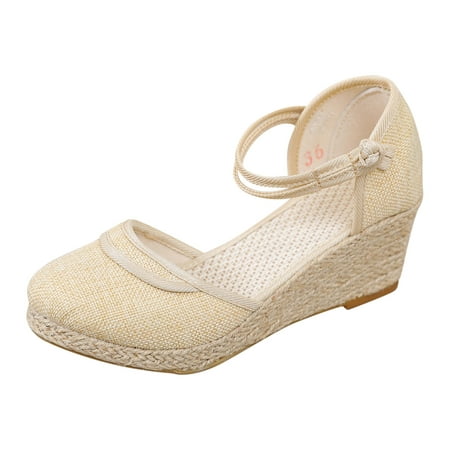 

Sandals for Woman Ripple Linen Platform Wedge Fashion Versatile Braided Buckle Breathable Wedge Slippers Beige Size 7