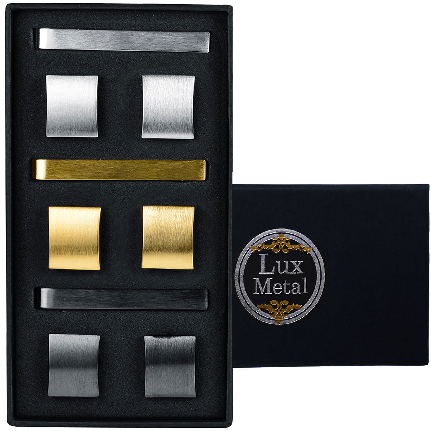 Silver Black Gold Tone Gift Box Puentes Denver 3 Pc Mens Tie Bar Pinch Clip Set Skinny Ties 1.5 Inch