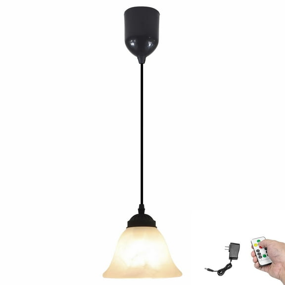 Kiven Battery Operated Pendant Light with Remote Control, 1 Set Rechargeable Hanging Pendant Light Adjustable Height with Frosted Glass Lampshade for Bedroom Kitchen Home Decor TB3512