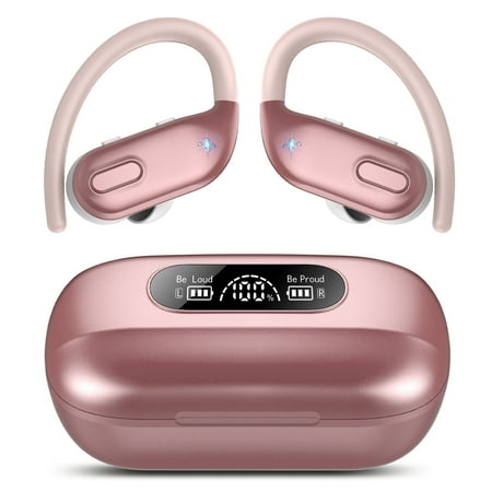bluetooth headphones wireless earbuds 80hrs playback sport ear buds with earhook led display charging case ipx7 waterproof earbud deep bass running earphones for ios android cellphone,rose pink